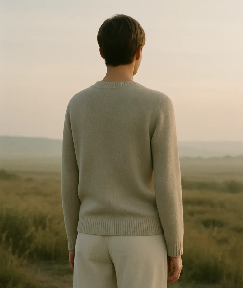 Person standing in an open landscape at dawn, seen from behind, wearing neutral clothing in a calm, reflective setting