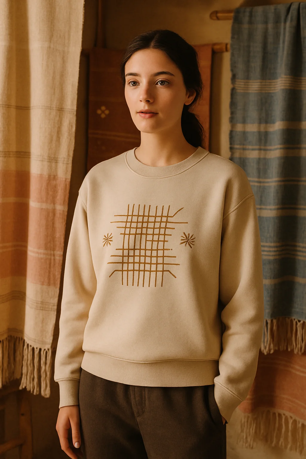 Sweatshirt inspired by endangered handwoven textile patterns