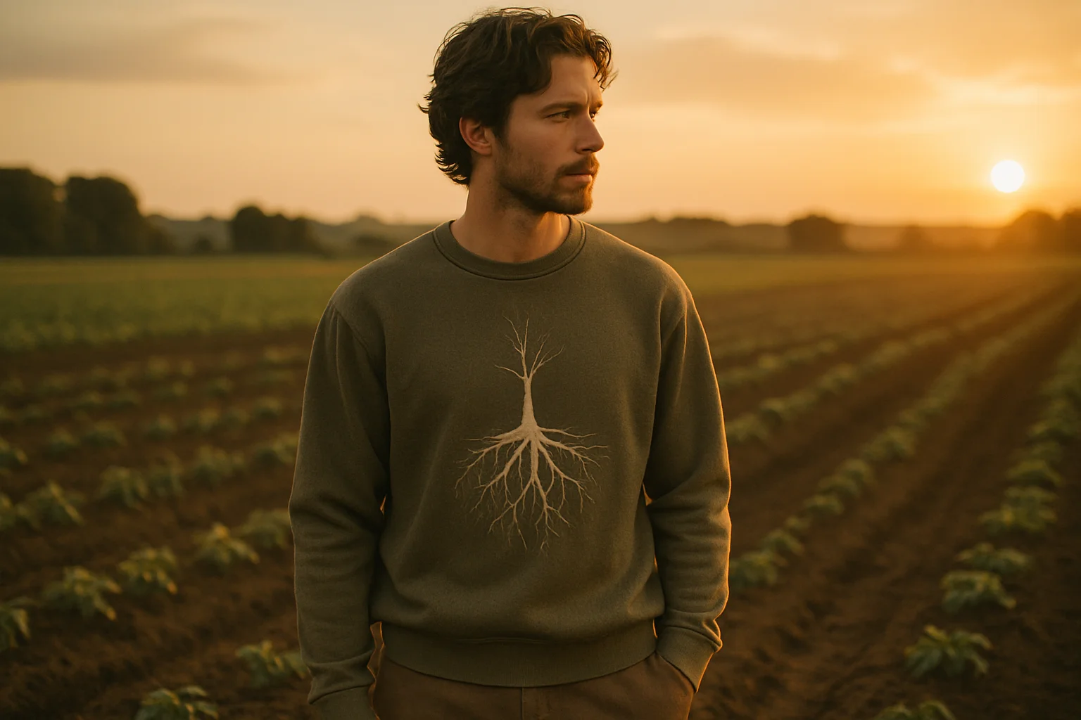 A man wearing green sweatshirt with a graphic on chest Wear the roots