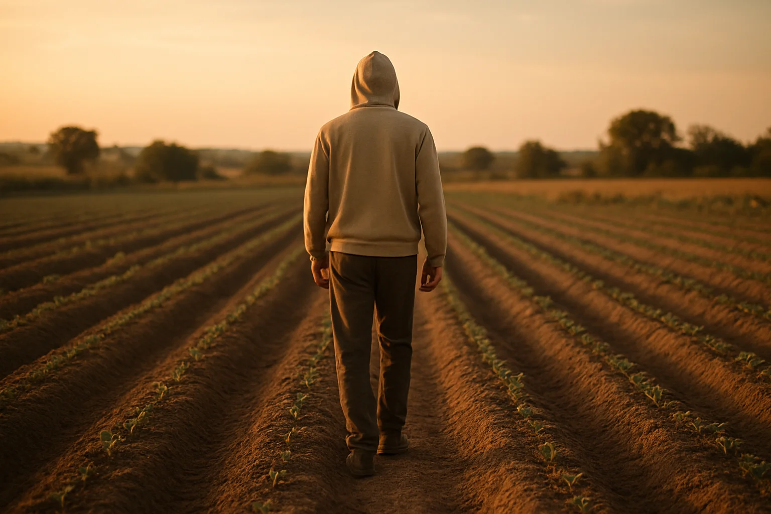 Person walking between farm fields symbolizing life beyond harvests
