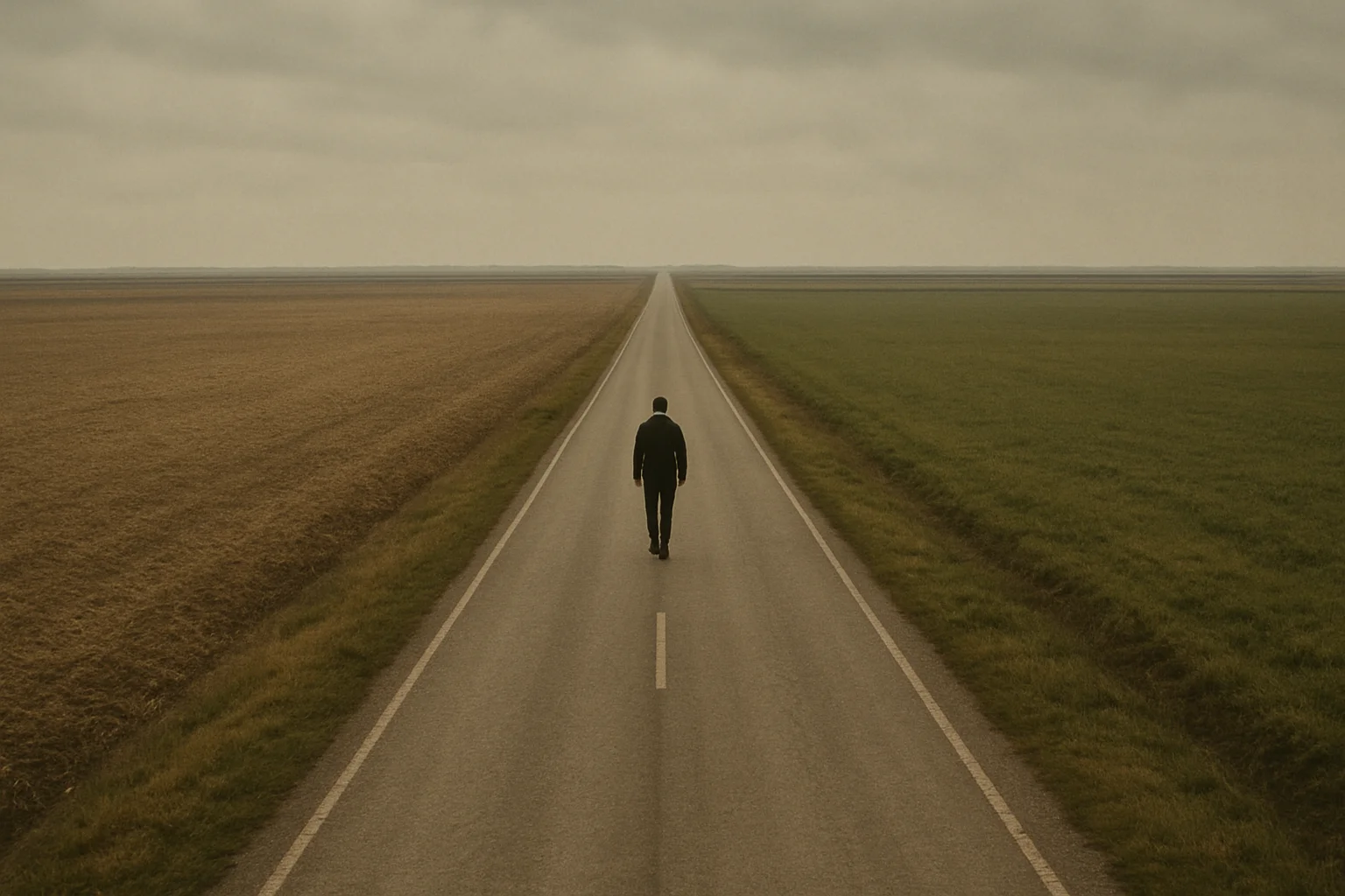 A lone figure walking along a rural road between changing farmlands