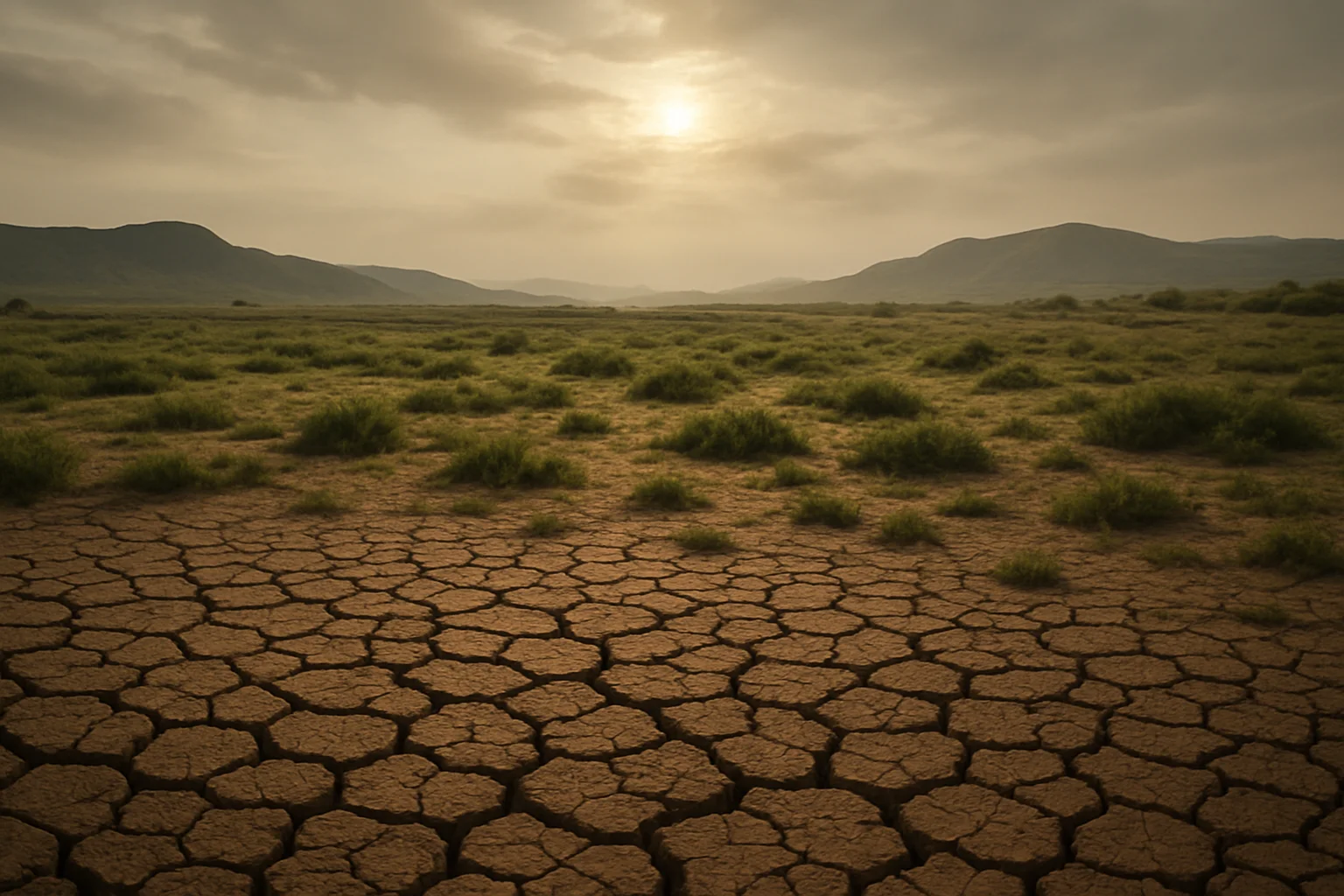 Cracked earth with sparse green growth showing land under climate stress