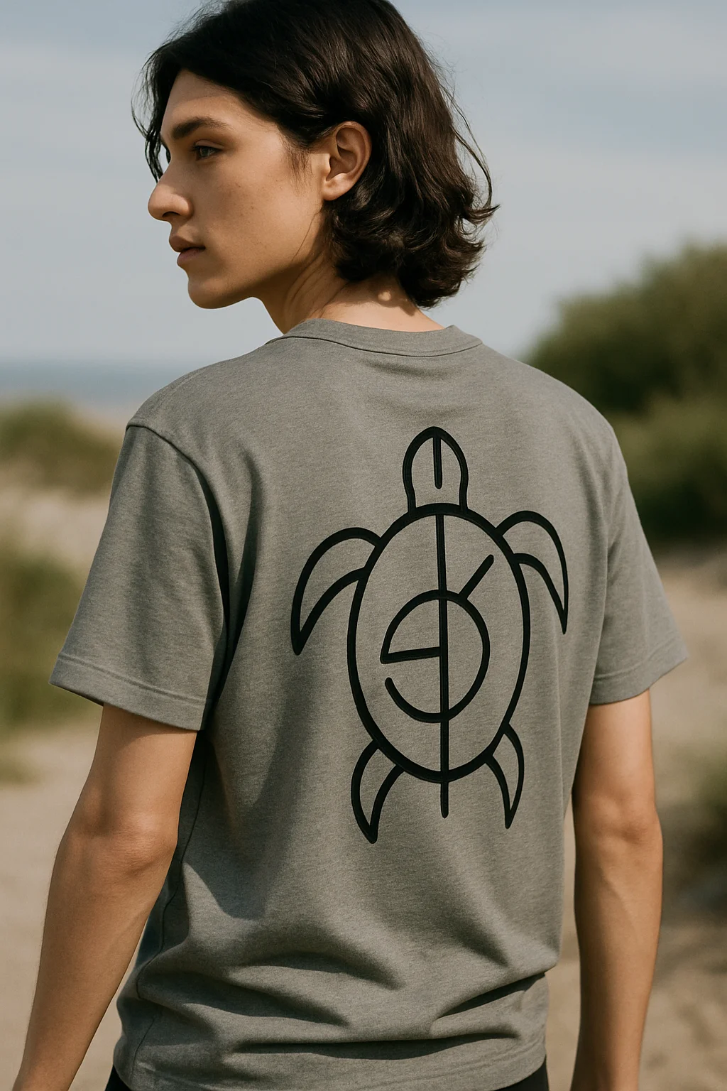 Person wearing a t-shirt with a hawksbill sea turtle inspired graphic from the Rare Species collection