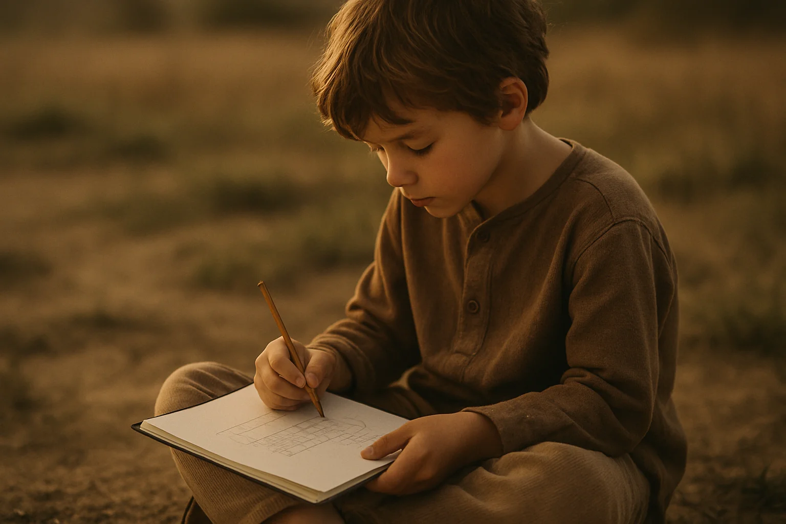 A young child sitting outdoors and drawing carefully in a notebook