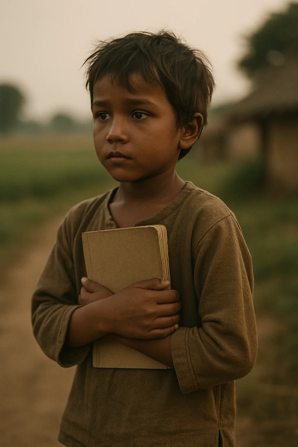 A young child standing outdoors holding a notebook close to their chest