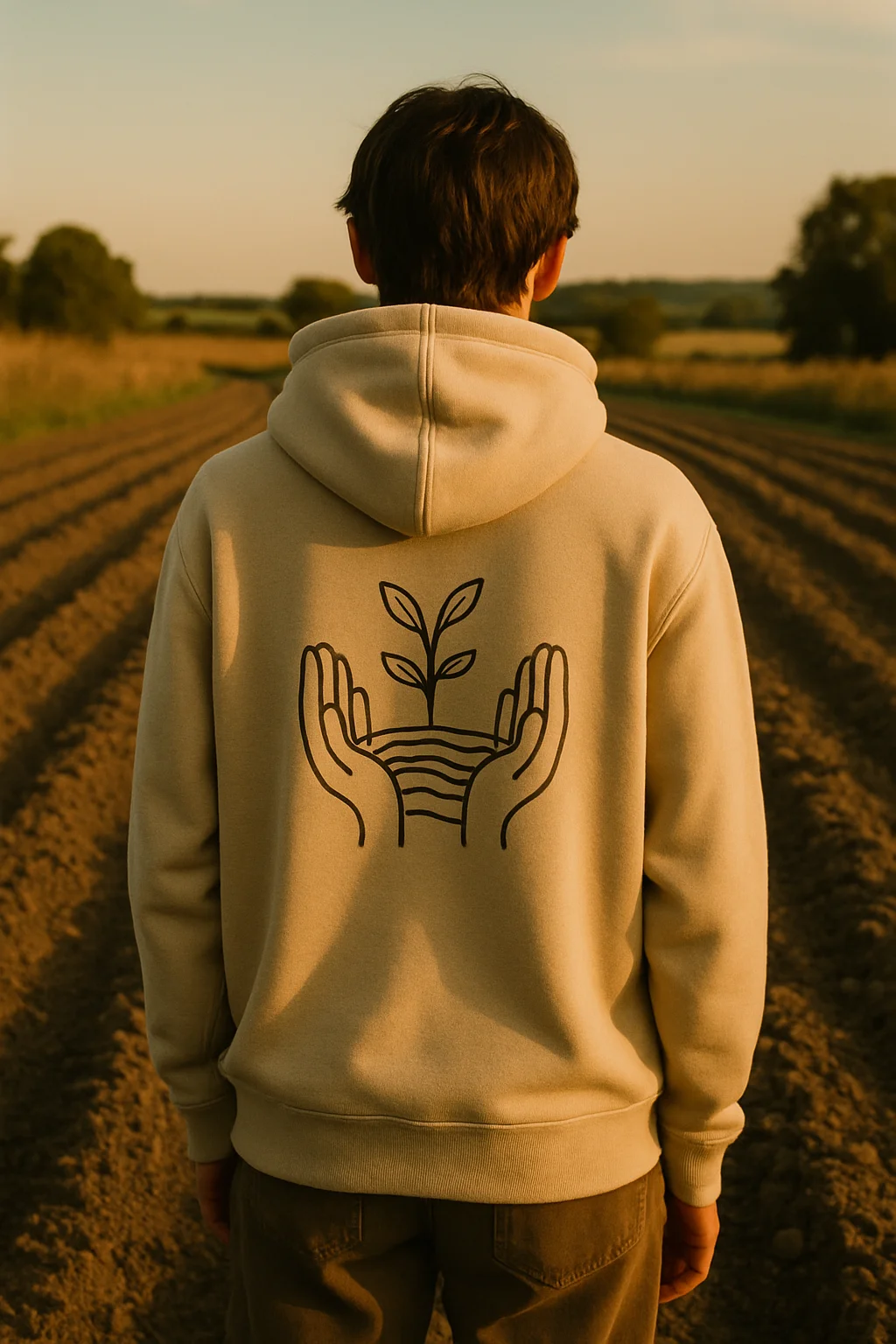 Hoodie inspired by farmers, showing hands protecting a growing plant in cultivated farmland
