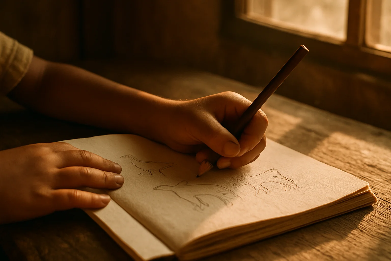 Conceptual artwork of a child sketching animals in a notebook for the Honest Drawing project