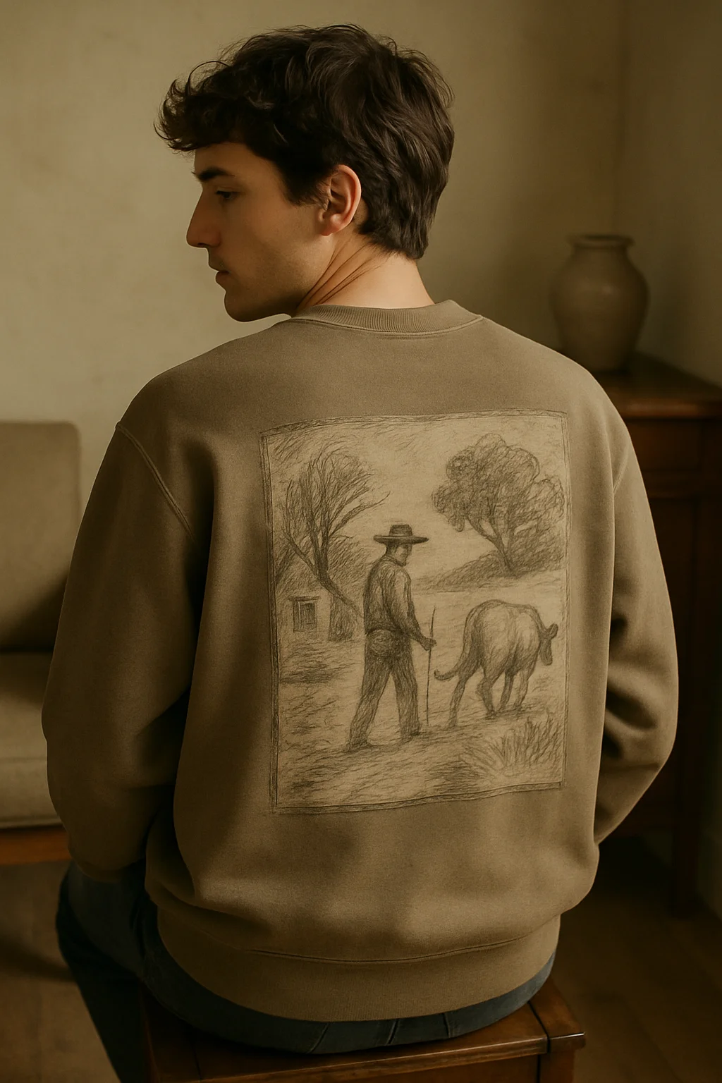 Sweatshirt featuring a rural hand-drawn sketch on the back from the Honest Drawing collection