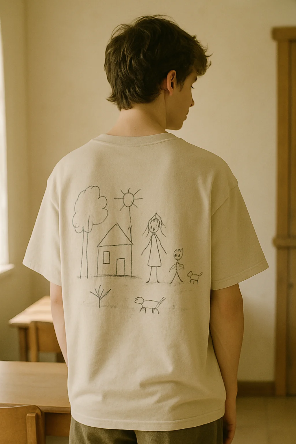 T-shirt with a child-drawn family and home sketch on the back from the Honest Drawing collection