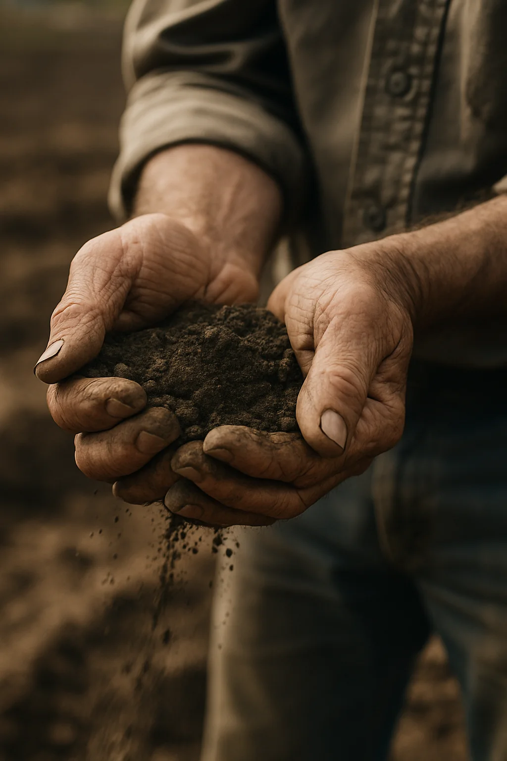 Close-up of weathered hands holding soil, representing the connection between people and land