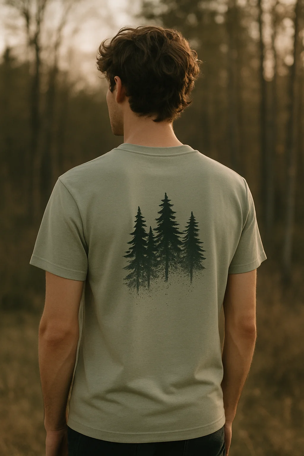 Back view of a person wearing a beige t-shirt with fading forest tree graphic symbolizing climate change and deforestation