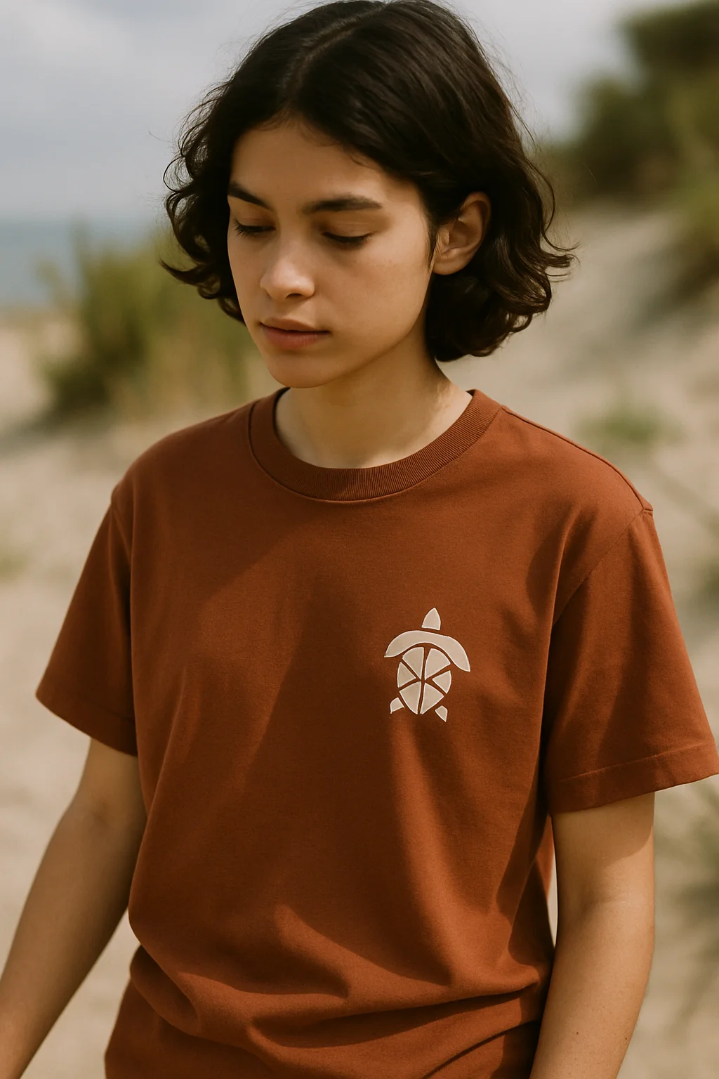 Person wearing a t-shirt with a hawksbill sea turtle inspired graphic from the Rare Species collection