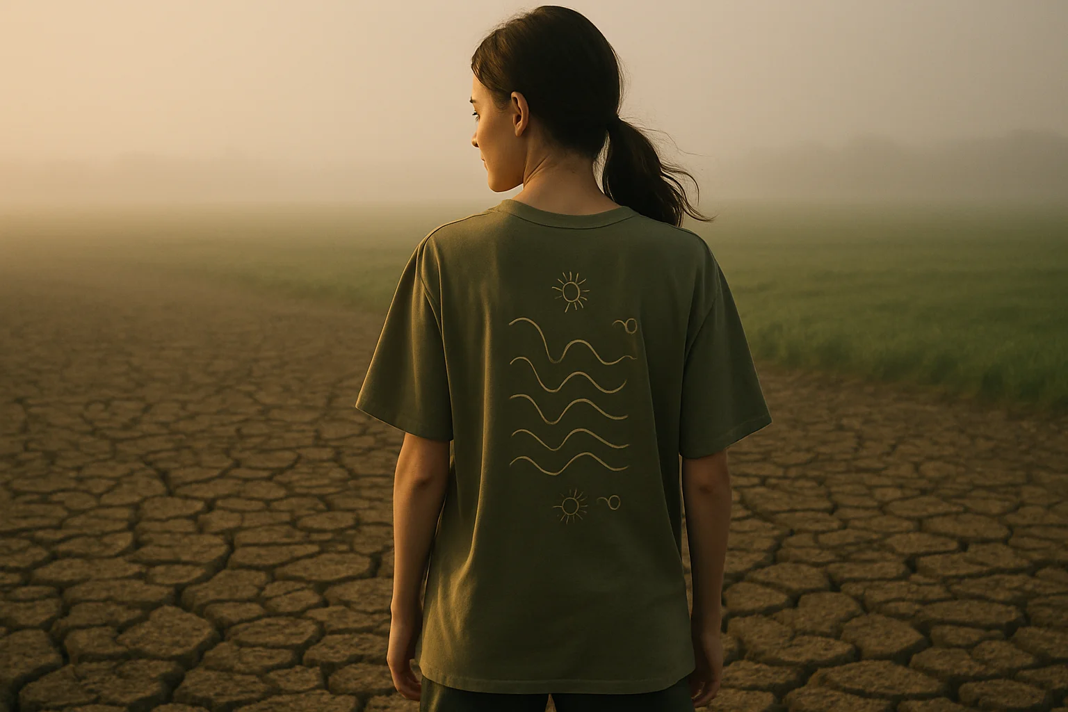 Woman wearing t-shirt with climate symbols standing on cracked dry land
