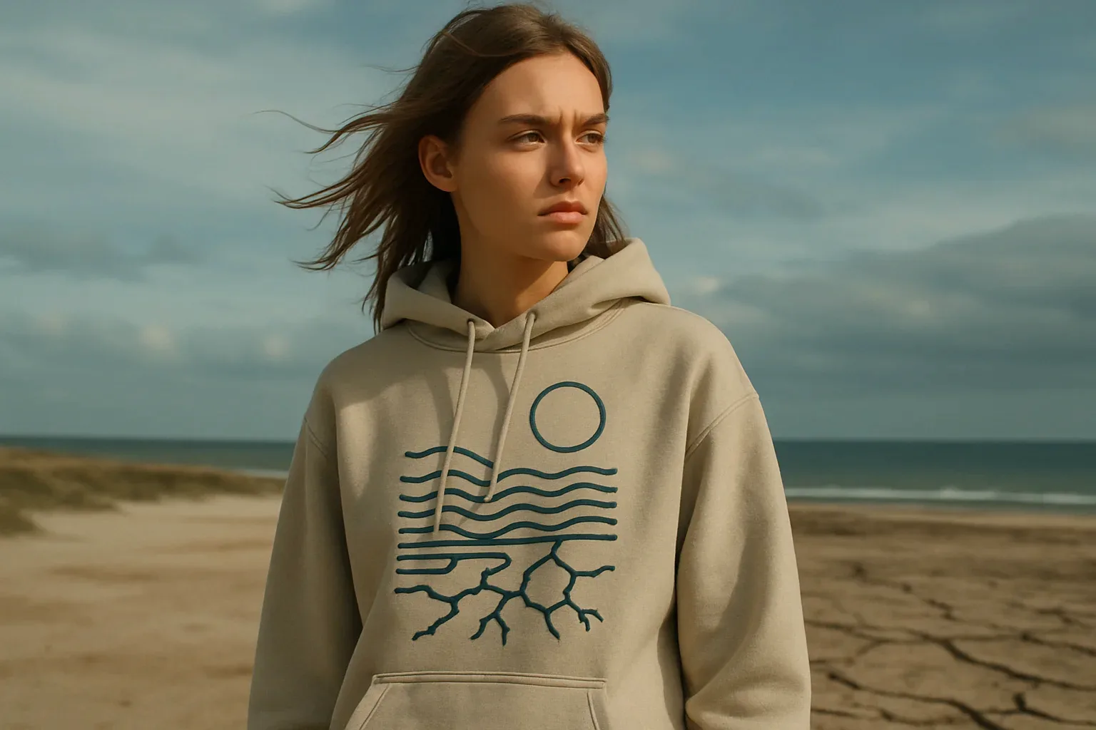 Woman wearing hoodie with climate and nature inspired graphic near coastline