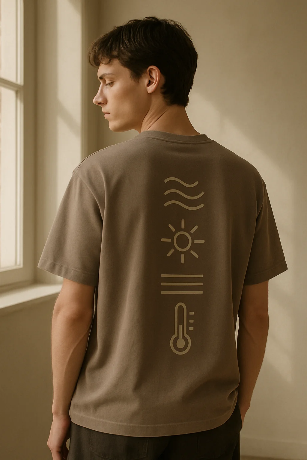 Person wearing t-shirt with symbolic climate icons representing changing nature