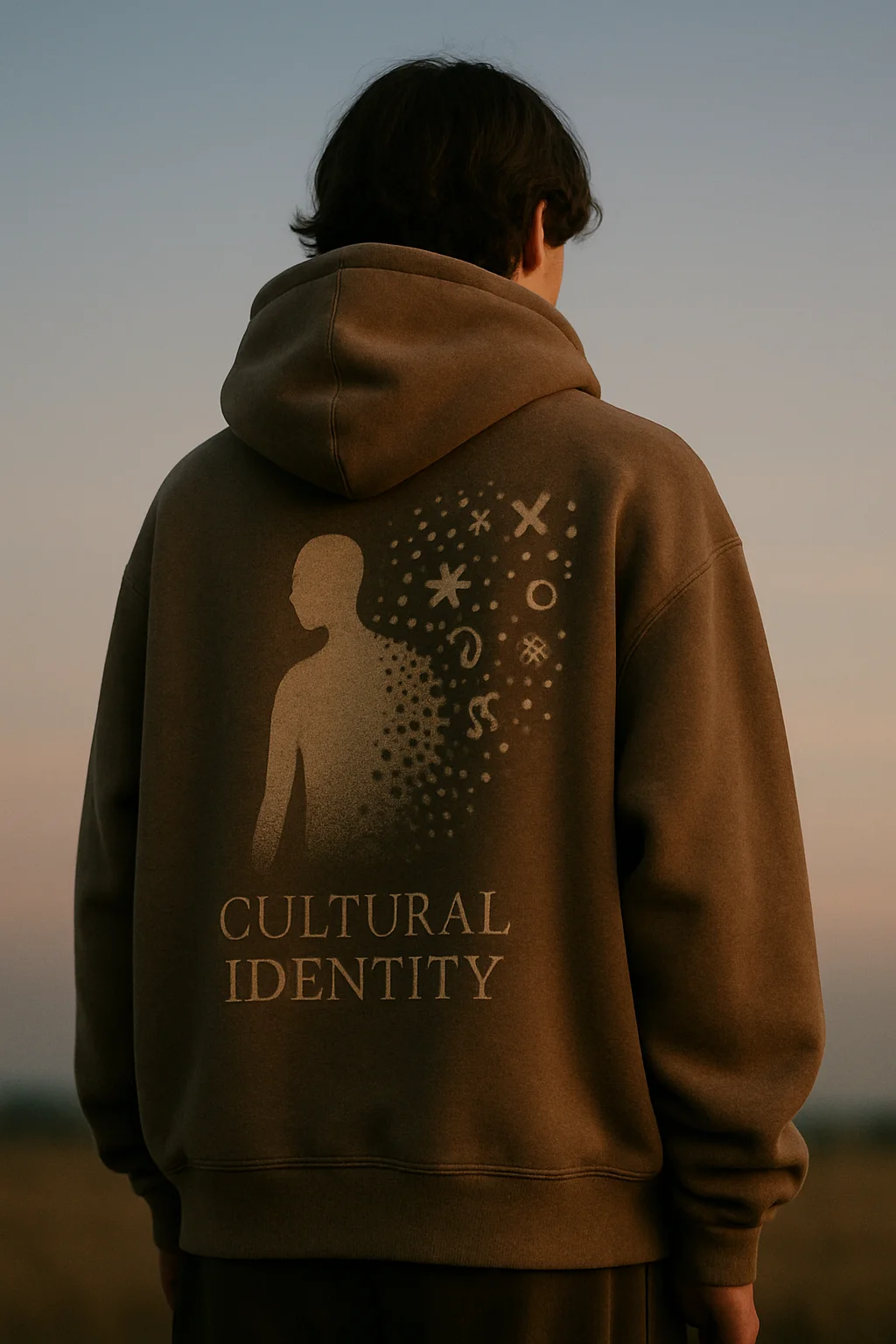 Person wearing hoodie with cultural identity artwork symbolizing cultures at risk
