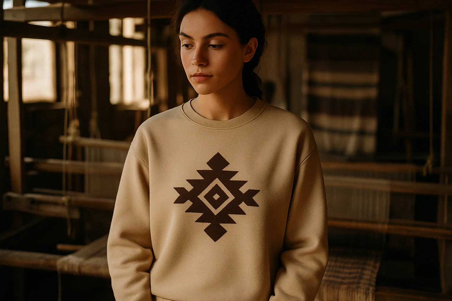 Woman wearing sweatshirt with craft inspired geometric motif in weaving studio
