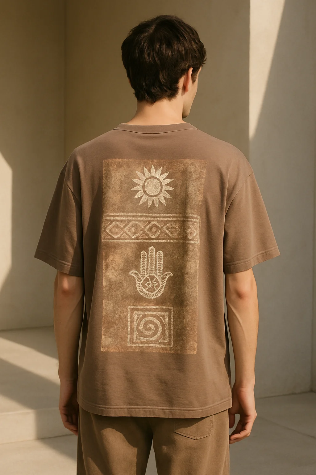 Person wearing t-shirt with handcrafted symbols representing endangered art forms