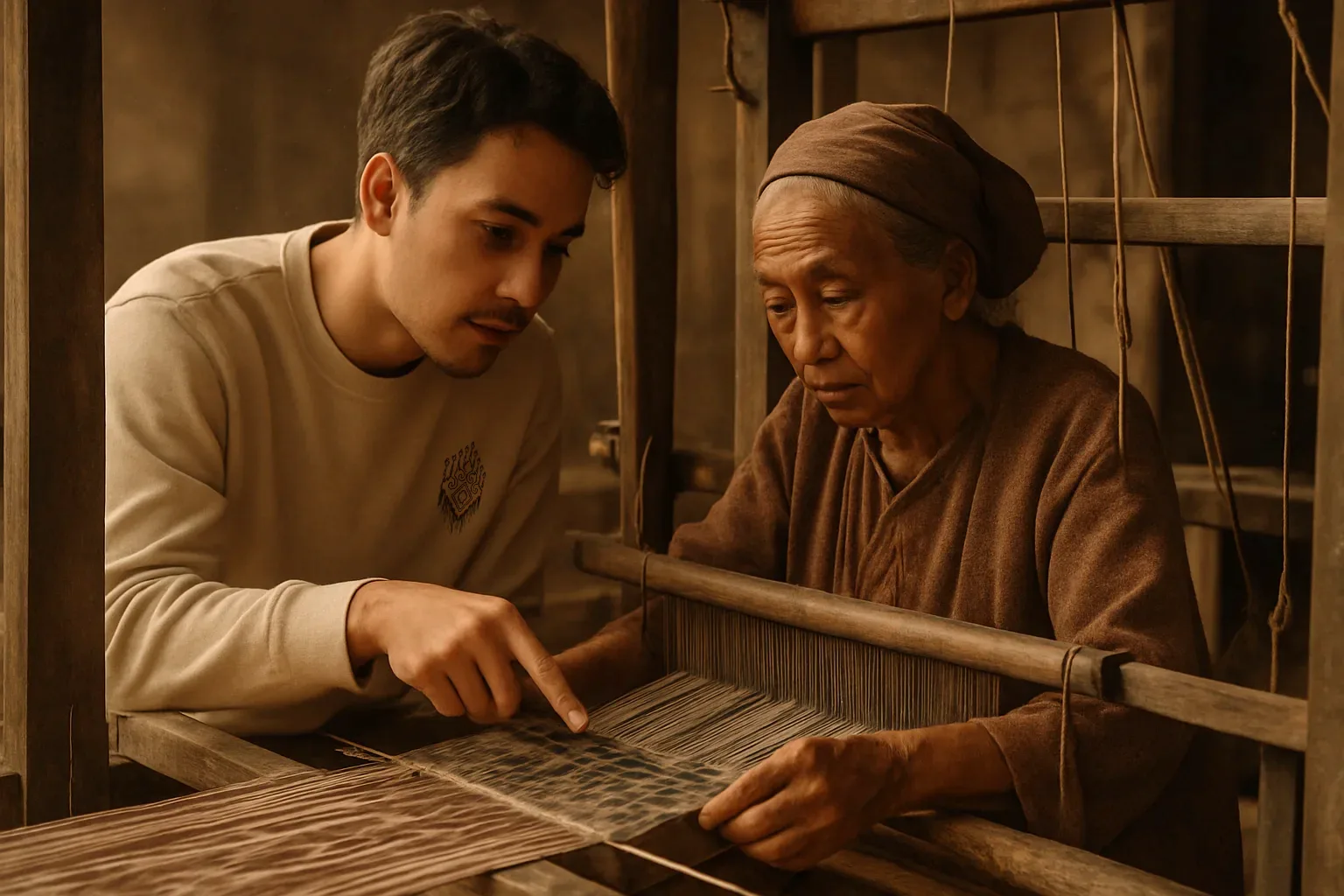 Artisan teaching traditional weaving techniques on handloom to younger maker