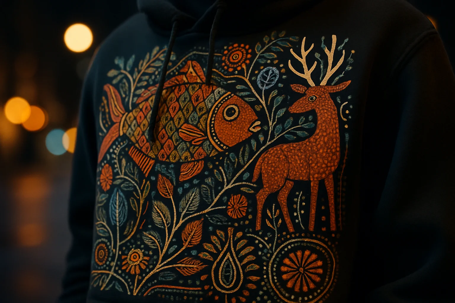 Close-up of Gond tribal art illustration printed on hoodie fabric