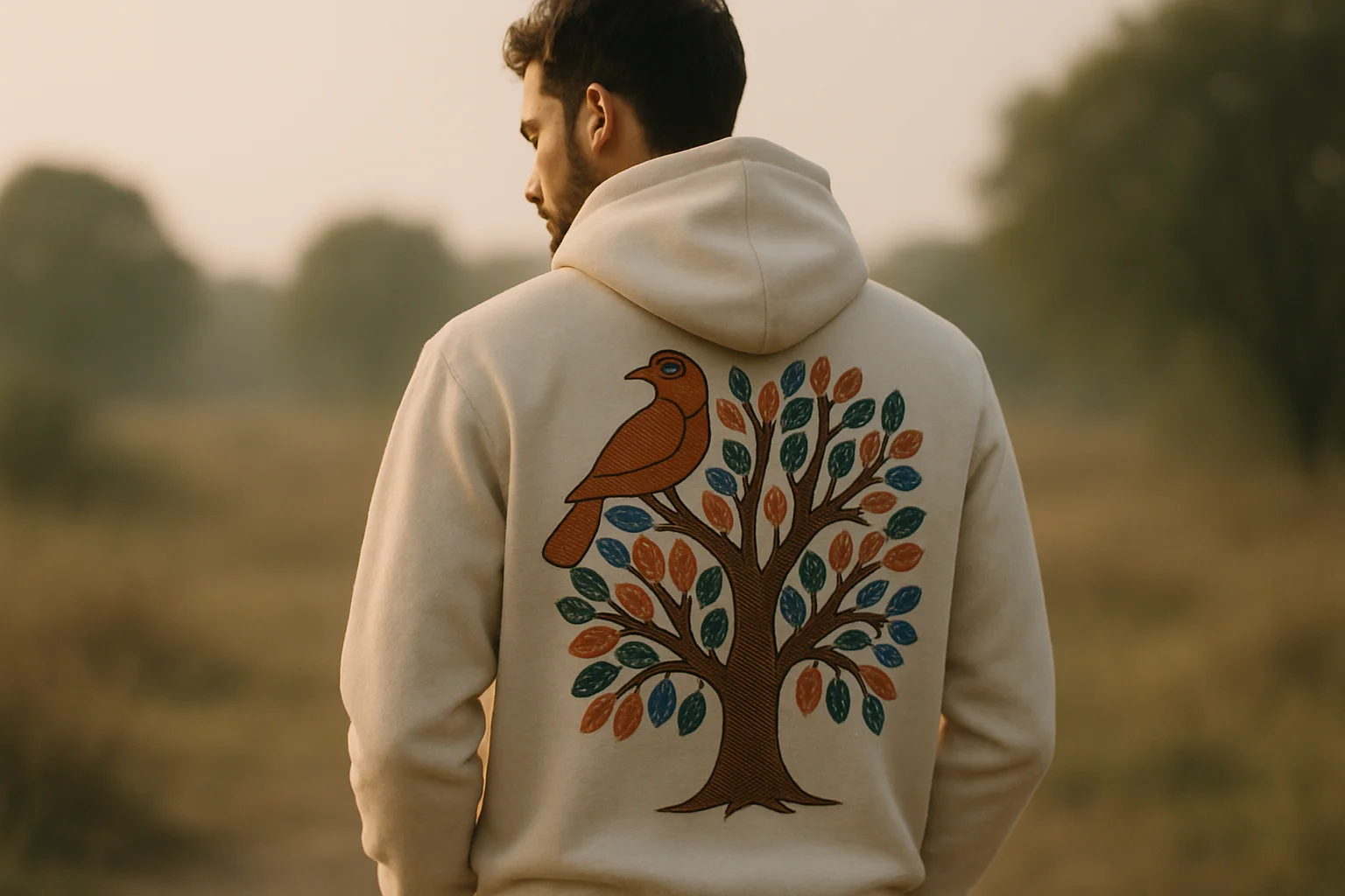Man wearing Gond art hoodie walking through quiet rural area.