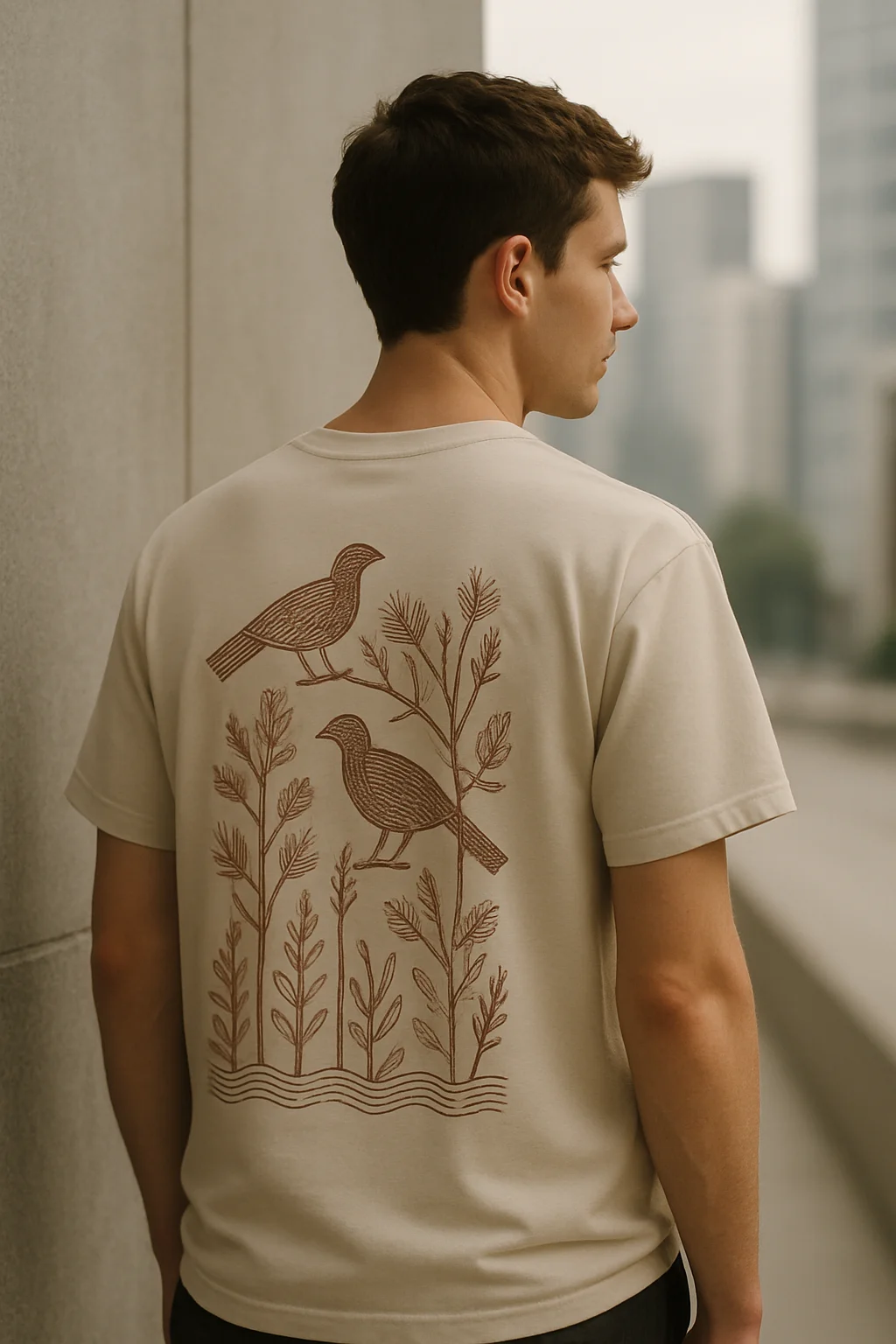 Person wearing t-shirt with Gond tribal line art inspired cultural symbols