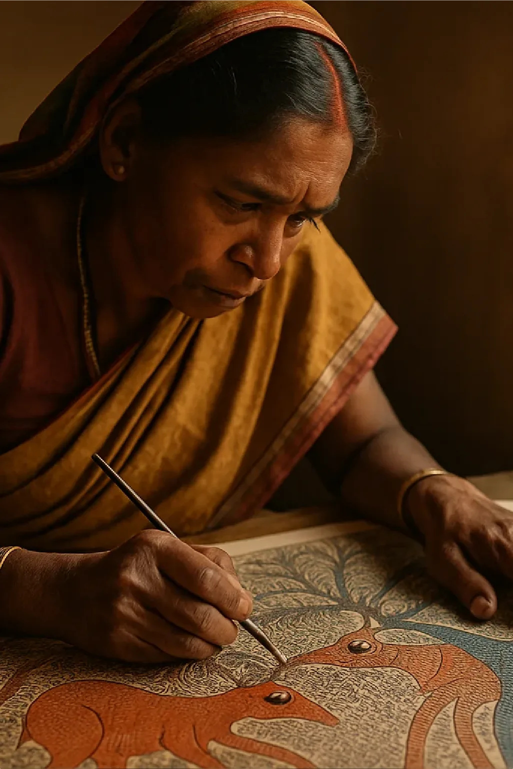 A women painting gond art in a rural surrounding