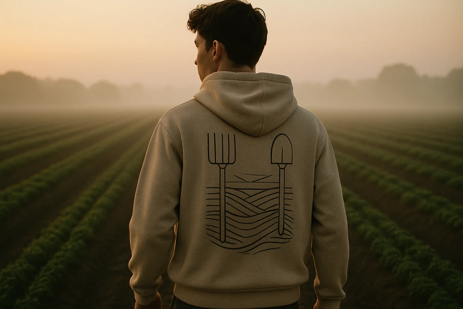 Person wearing hoodie with farming tools artwork standing in cultivated field