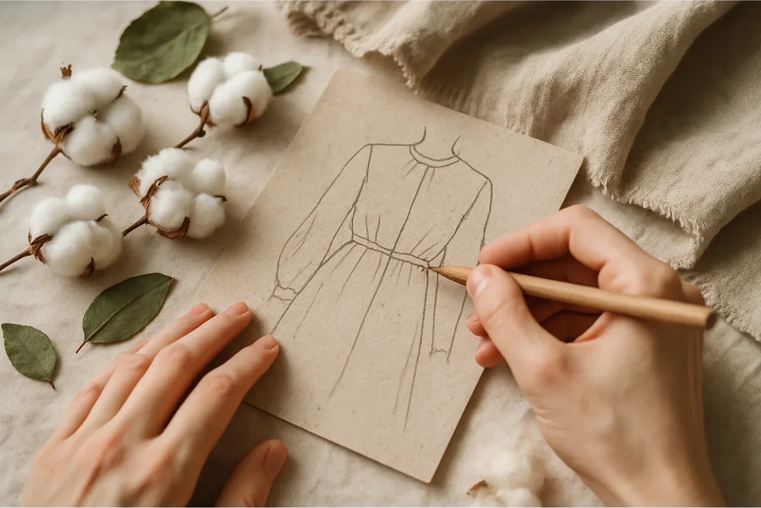 Hands sketching garment design beside natural cotton and fabric textures