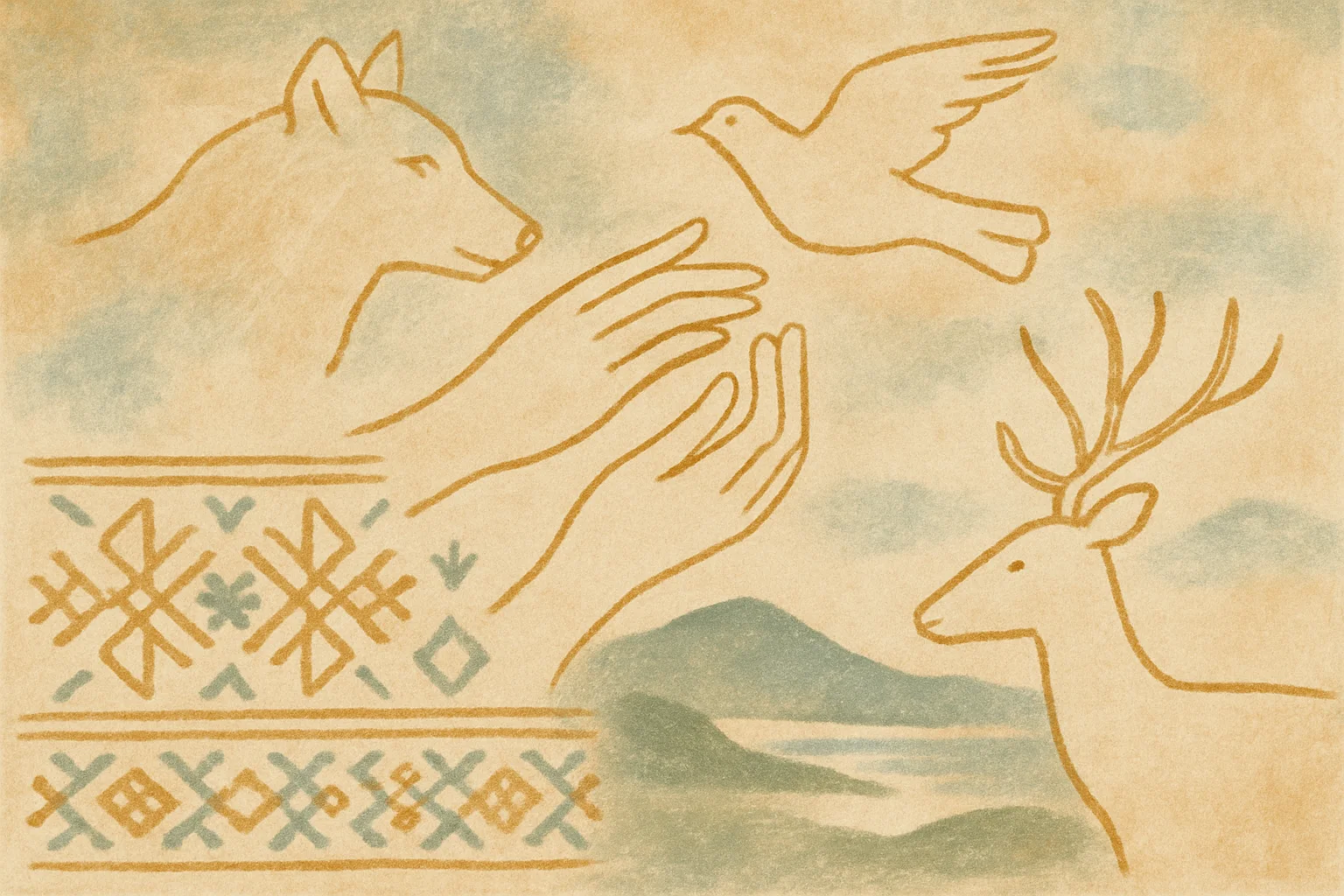 Illustrated symbols showing connection between humans, animals, and natural landscapes