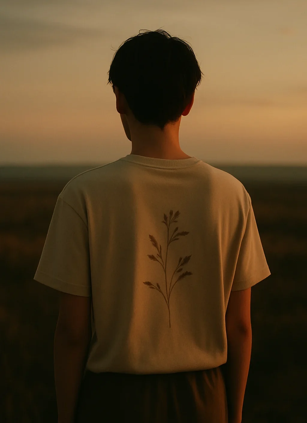 Person wearing minimal t-shirt with rare in nature inspired botanical artwork