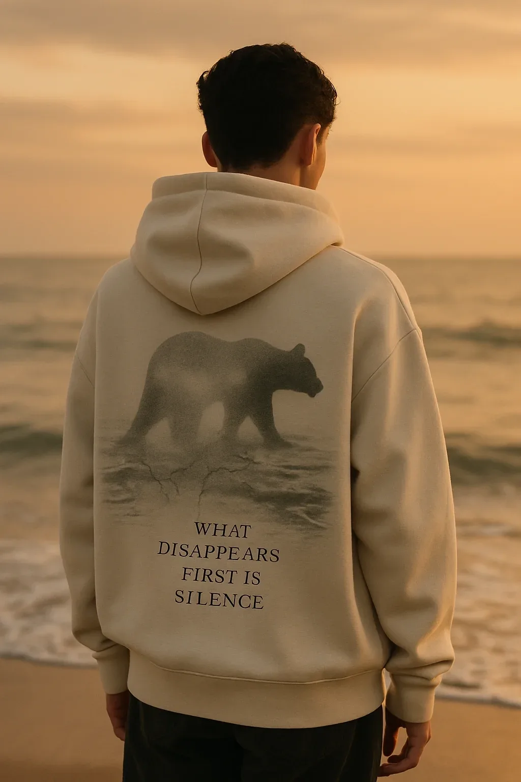 Person wearing hoodie with rare species artwork and message about vanishing wildlife