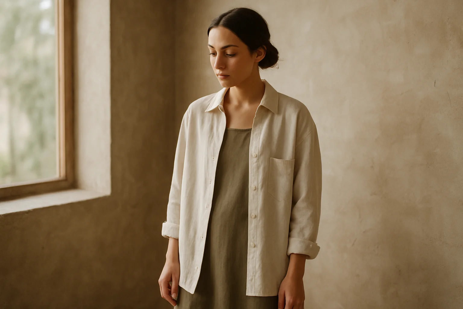 Woman wearing natural fabric clothing in soft light interior setting