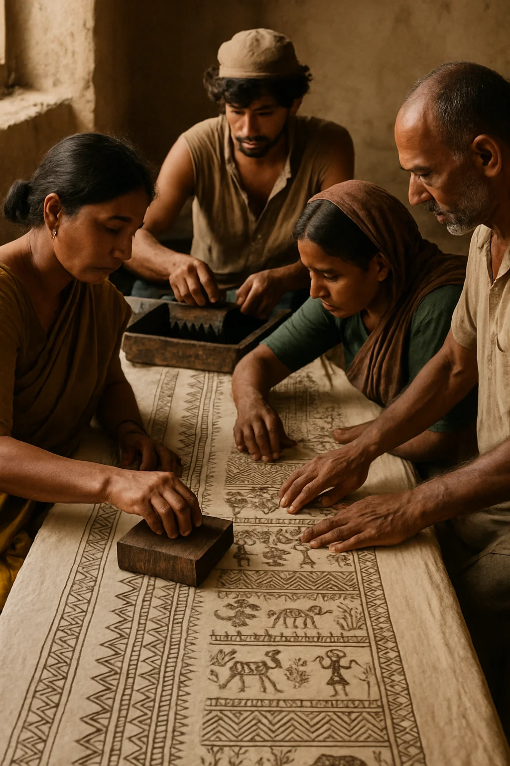 Artisans working together on traditional hand block printed textile