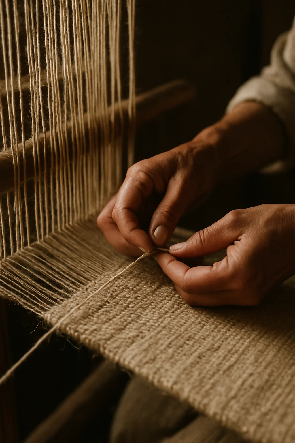 A man hand weaving textile on loom.