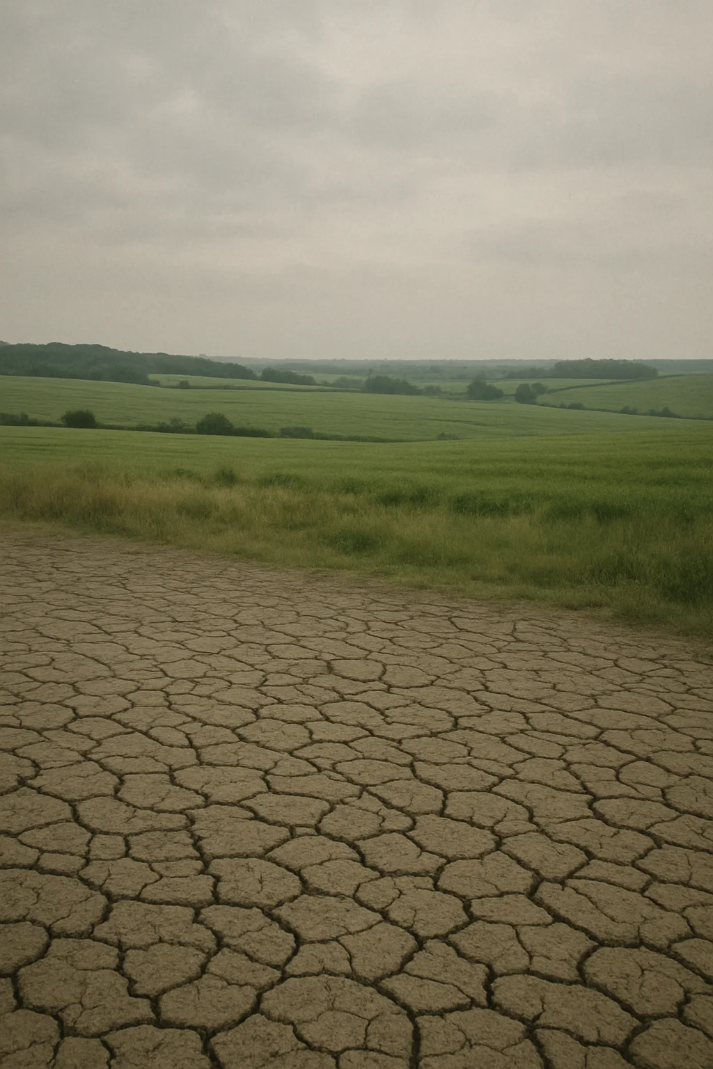 Cracked earth with sparse green growth showing land under climate stress
