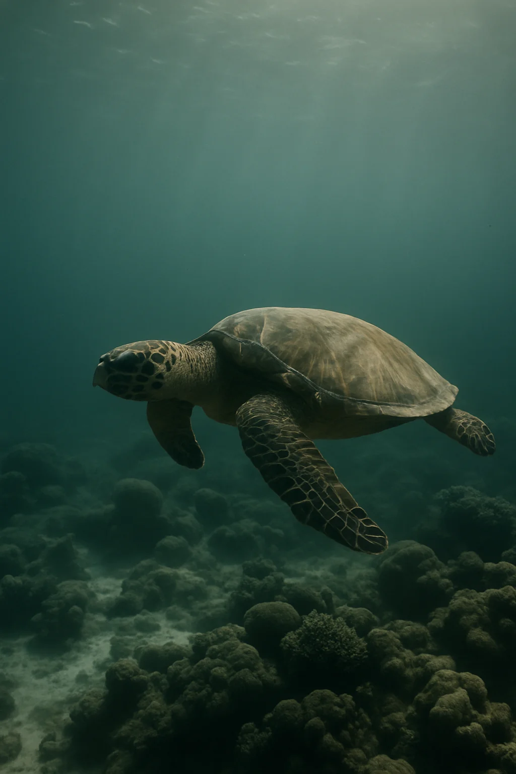 Hawksbill sea turtle swimming above a coral reef-representing endangered species