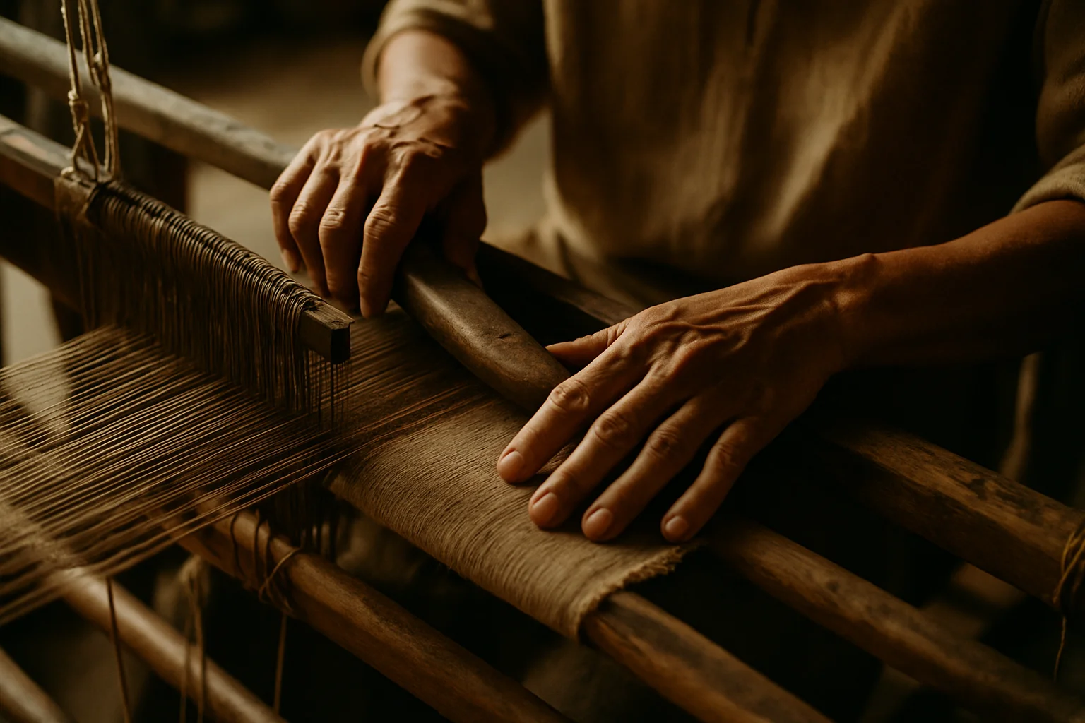 Hands weaving fabric on a traditional handloom, representing endangered textile art forms and heritage craftsmanship