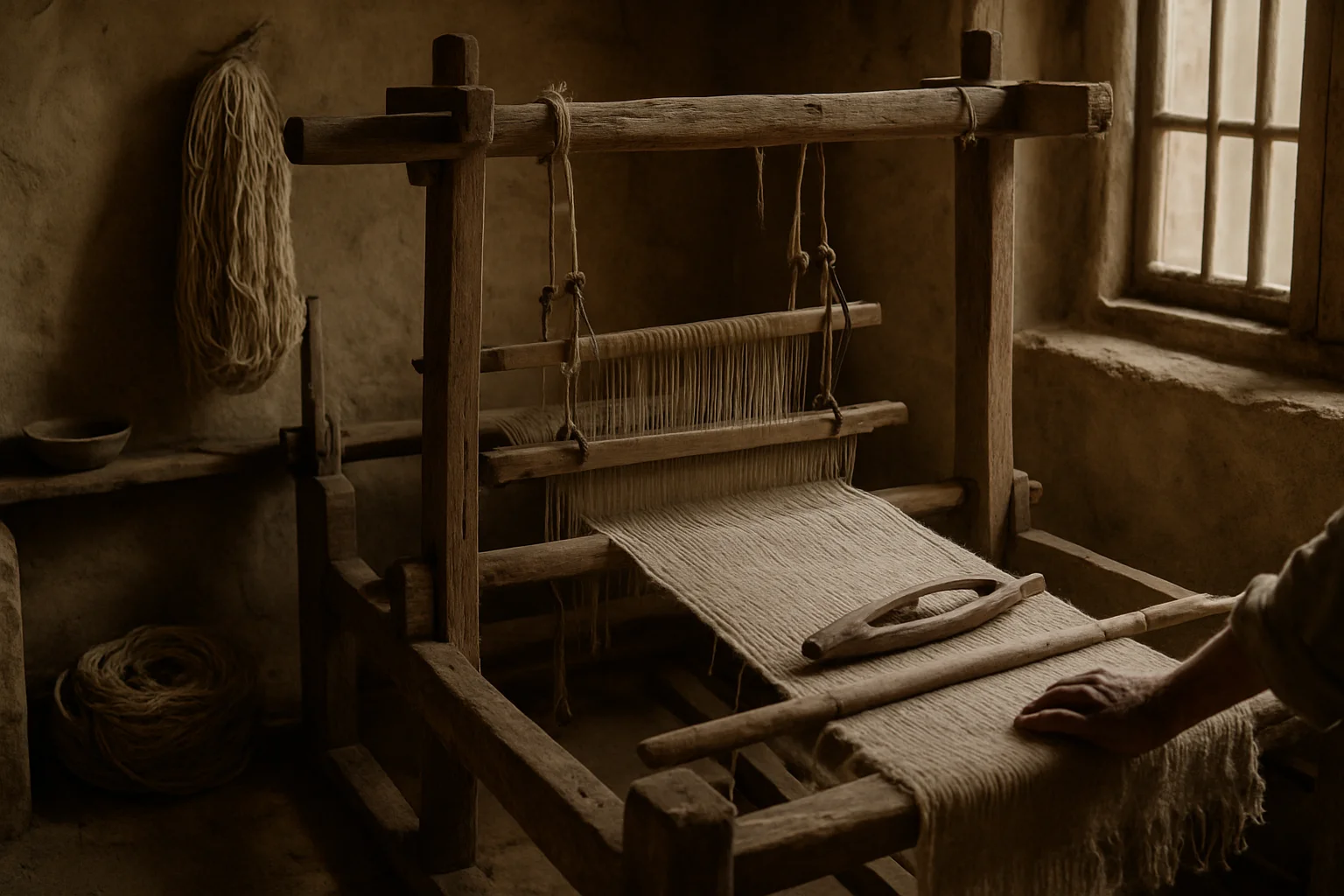 Traditional wooden handloom used for weaving fabric, representing endangered textile art forms and heritage craftsmanship